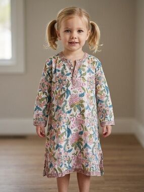 Anokhi Koki Girls Hand-Block Printed Cotton Kurta Dress - Floral Print 6-7